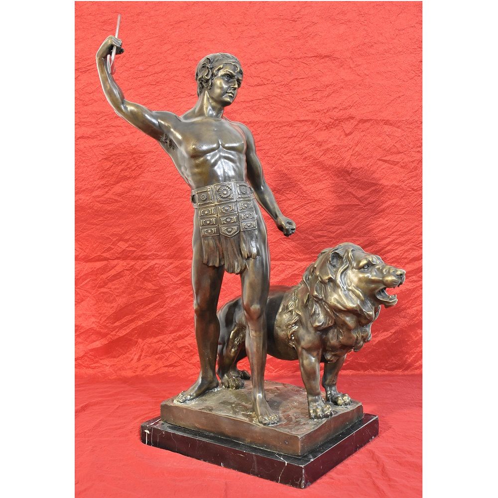 STB39 antique bronze sculptures warrior and lion XIX century.jpg